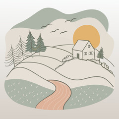 Rolling hills landscape with house and winding road Keywords: landscape, nature, hills, rolling