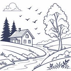 Rural landscape with house and river in reverse view