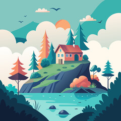Rustic cabin on a cliff overlooking a tranquil lake and distant mountains