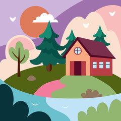 Small house on a hill with trees and mountains at dusk