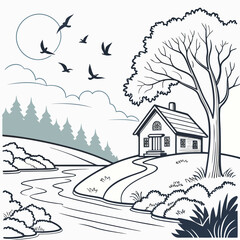 Stylized Countryside Landscape with House and River
