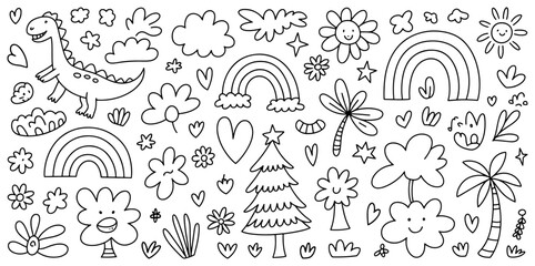 Handmade doodles including many things on white background 