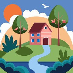 Stylized House on a Hill with River and Sun Keywords: house, home, hill, landscape, river, water