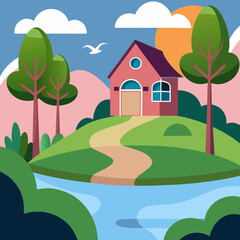 Vibrant Cartoon House on a Hill with River Keywords: house, home, hill, landscape, river, water