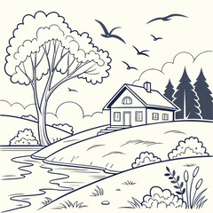 Stylized rural landscape with house and river line art