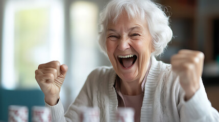 Senior woman celebrates success. A moment of pure joy and excitement.  Embracing life and enjoying victory with spirited enthusiasm.