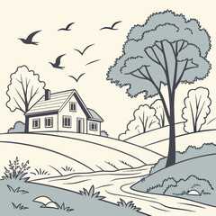 Vintage Countryside Scene with House and Winding Path
