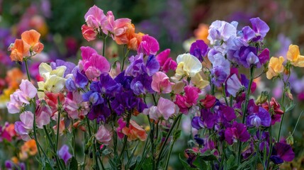 Stunning photo of colorful sweet pea flowers blooming in the garden during the springtime.
