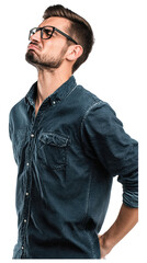 Obraz premium Annoyed young man with glasses and beard looking up thoughtfully isolated on transparent background.