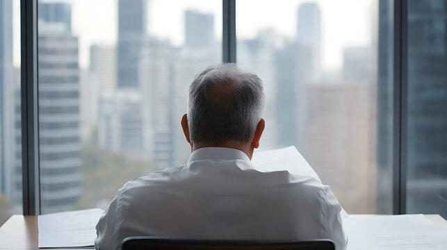 Senior professional immersed in documents, office overlooking city, back view. Focus on leadership, expertise, urban setting, and document handling.