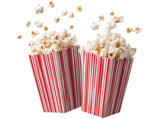 popcorn spilling out of striped red and white popcorn boxes, isolated on a transparent background in PNG format.