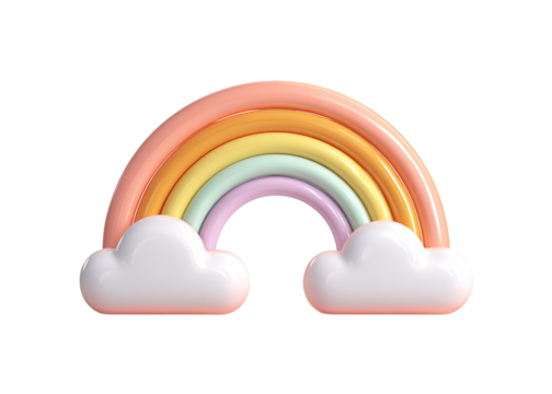 3d icon of a rainbow and clouds isolated on a transparent background in PNG format.