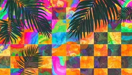 Vibrant checkered pattern with tropical leaves