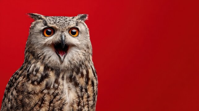 Expressive owl with wide eyes and open beak against a vibrant red background - Powered by Adobe