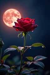Obraz premium A single, velvety red rose blooms in the darkness, dew clinging to its petals, illuminated by soft moonlight, Valentine's Day, anniversary, moonlit
