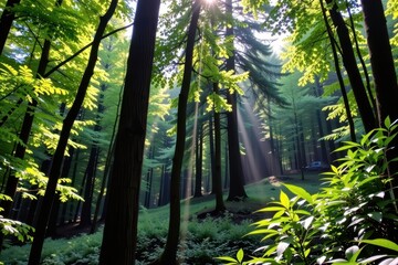 Deep green forest background, lush foliage, sunlight dappled through canopy, dense woodland, tranquil nature scene, canopy, summer, landscape