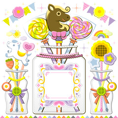 Fototapeta premium 午年イラスト子供向けデザイン「かわいいロリポップキャンディー＆チョコレート」正方形コピースペース（Year of the Horse illustration for children 