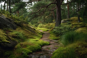 Obraz premium Lush Moss Pathway Through a Serene Green Forest Creating a Tranquil Nature Landscape