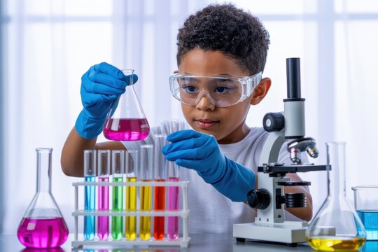 Young boy in science lab with beakers test tubes and microscope wearing safety glasses and gloves working