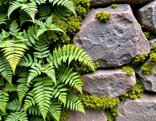 Naklejka premium Lush green moss and ferns thrive on a weathered stone wall, creating a vibrant natural texture, stone, ecology