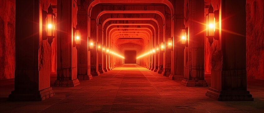 Crimson Colonnade: A symmetrical corridor illuminated by glowing lanterns - Powered by Adobe
