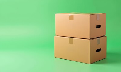 Two stacked corrugated cardboard boxes on a green background, ready for shipping; delivery, logistics, packaging, shipment, shipping label, retail