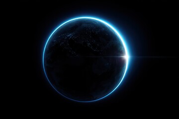 Neon Earth: Vibrant Blue Planet with Plant Life Against a Black Abstract Backdrop and Radiant Sunshine
