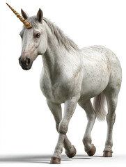 Obraz premium White Unicorn Walking Gracefully in Studio Lighting, Mythical Horse with Golden Horn