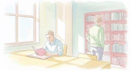 Man reading a book at a table in a library. Student studying with a bookshelf in the background. Watercolor illustration for education and learning.