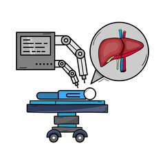 Robotic Surgery Icon for Liver, Liver surgery using robotic arms, Robotic-assisted liver operation, Minimally invasive liver surgery, and Robotic liver surgery. Vector illustration.