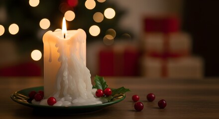 A melting white candle with a lit flame sits on a green saucer, surrounded by scattered red berries and holly leaves, with blurred christmas lights and gift boxes in the background