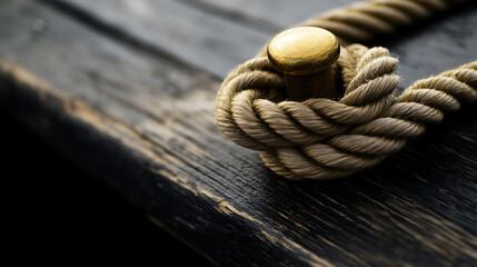 Fototapeta premium Rope tied around a gold post on weathered wood, showcasing nautical themes and textural contrast in a moody, close-up composition.