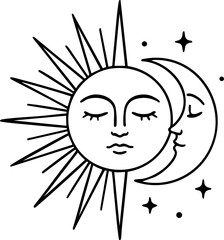 Mystical moon and sun with faces, black and white vector line art, elegant celestial contour illustration for spiritual, boho, and Gothic decorative designs