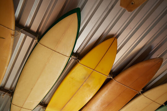 Surf boards hung on the ceiling.