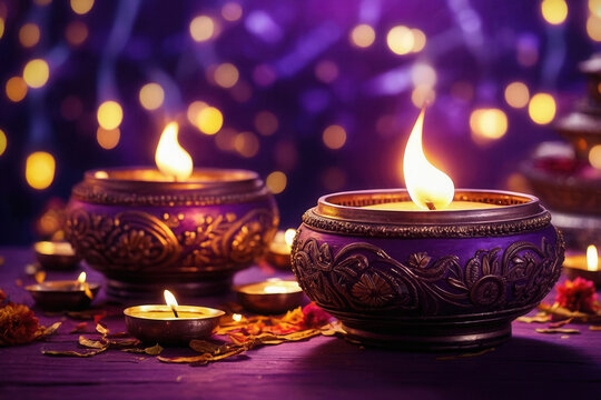 Colorful Diwali decorations traditional candles, oil lamps, vibrant flowers and bowls AI Generative