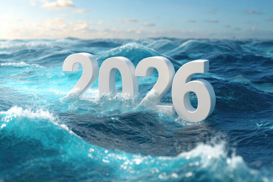 The white numbers 2026 float above the vibrant turquoise ocean waves, symbolizing a fresh start and celebration of the new year 2026. Perfect for the theme of new beginnings and holidays