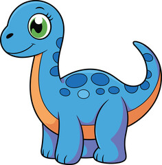 Cute cartoon dinosaur vector, blue long-necked character with orange belly and purple legs, friendly prehistoric design for kids, print, merchandise, education