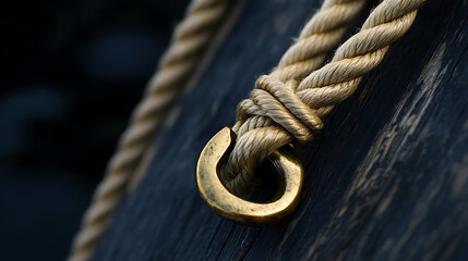 Close-up of a weathered rope and a golden shackle attached to a dark wooden plank. Detailed textures and natural light create a nautical aesthetic.