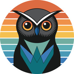 Geometric owl vector, modern stylized bird in circular striped background, vibrant color palette, abstract wildlife design for print, merchandise, branding