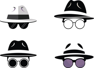 Incognito character vector set, stylized spy icons with hats and sunglasses, anonymity and privacy concept illustration for print, merchandise, tech, branding