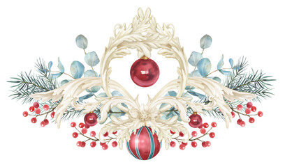 Watercolor Christmas border. holiday ornaments, xmas, decorative frame, Baroque