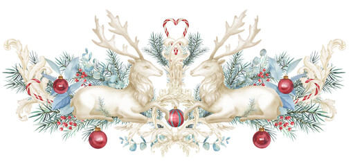 Watercolor Christmas border. holiday ornaments, xmas, decorative frame, Baroque