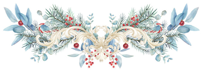 Watercolor Christmas border. holiday ornaments, xmas, decorative frame, Baroque
