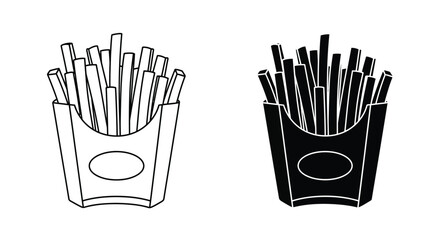 A simple black and white illustration of two french fry servings