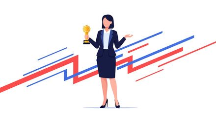 Successful Businesswoman Celebrates Achievement Holding Trophy with Dynamic Visuals Above Her