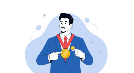 Obraz premium Successful Businessman Displaying Achievement with Award Medal in Minimalist Modern Illustration