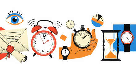 Collection of timekeeping devices and symbols representing deadlines and productivity isolated on white background
