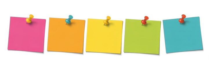 Five colorful sticky notes pinned in a row against a white background in a horizontal composition