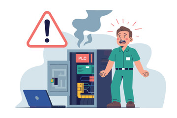 It technician reacts to server room malfunction with warning sign and smoke isolated on white background