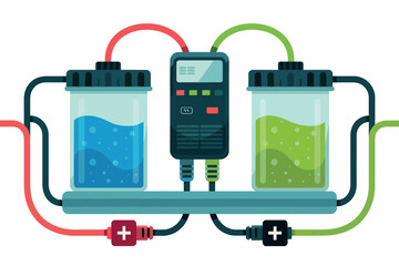 Scientific battery electrolysis setup with digital meter and colorful liquids for energy research and education isolated on white background